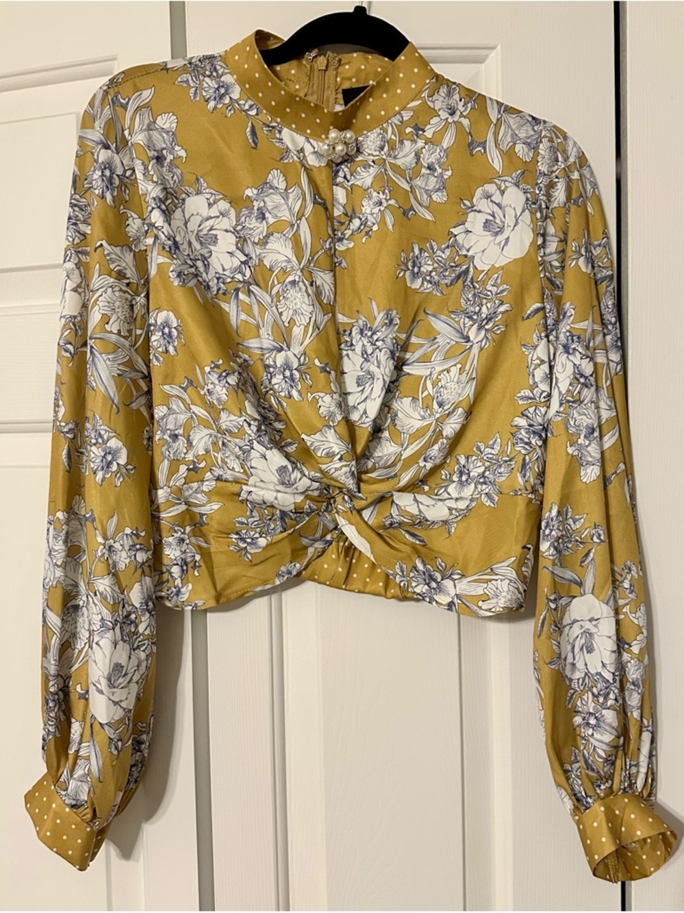 AKIRA Mustard Yellow Floral Twist-Front Long Sleeve Blouse